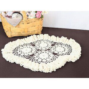 Antique Hand-Crocheted Ivory Table Runner Oval 12"x16" Frilly Edge Dresser Scarf